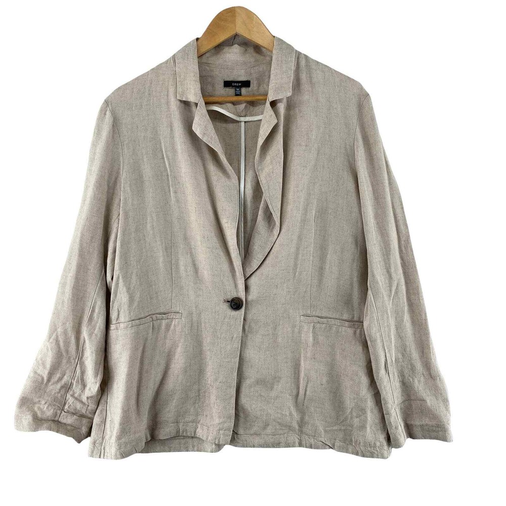 Drew‎ Blazer Jacket Womens Medium Tan Linen Rayon Blend Pockets Grandma Coastal